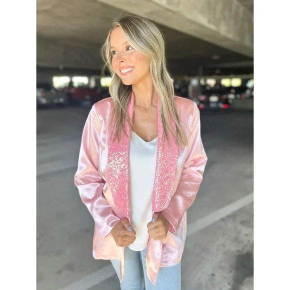 Blazer / Open Front Cardigan - Queen Bee Pink Satin & Sequin  Fantastic Fawn NWT - Picture 4 of 5